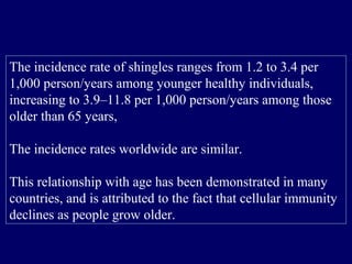The incidence rate of shingles ranges from 1.2 to 3.4 per
1,000 person/years among younger healthy individuals,
increasing to 3.9–11.8 per 1,000 person/years among those
older than 65 years,
The incidence rates worldwide are similar.
This relationship with age has been demonstrated in many
countries, and is attributed to the fact that cellular immunity
declines as people grow older.
 