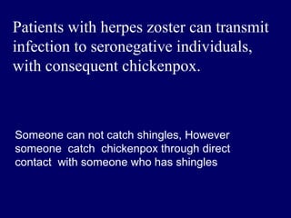 Patients with herpes zoster can transmit
infection to seronegative individuals,
with consequent chickenpox.
Someone can not catch shingles, However
someone catch chickenpox through direct
contact with someone who has shingles
 