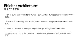 Efficient Architectures
더 볼만한 논문들
• Tan et al. “MnasNet: Platform-Aware Neural Architecture Search for Mobile” ArXiv
2018
• Xie et al. “Self-training with Noisy Student improves ImageNet classification” ArXiv
2019
• Xie et al. “Adversarial Examples Improve Image Recognition” ArXiv 2019
• Touvron et al. “Fixing the train-test resolution discrepancy: FixEfficientNet” ArXiv
2020
 