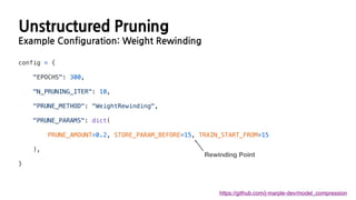 Unstructured Pruning
Example Configuration: Weight Rewinding
https://github.com/j-marple-dev/model_compression
config = {
"EPOCHS": 300,
"N_PRUNING_ITER": 10,
"PRUNE_METHOD": "WeightRewinding",
"PRUNE_PARAMS": dict(
PRUNE_AMOUNT=0.2, STORE_PARAM_BEFORE=15, TRAIN_START_FROM=15
),
}
Rewinding Point
 