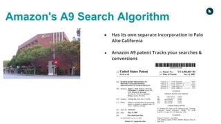● Has its own separate incorporation in Palo
Alto California
● Amazon A9 patent Tracks your searches &
conversions
Amazon's A9 Search Algorithm
 