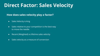 Direct Factor: Sales Velocity
How does sales velocity play a factor?
● Sales Velocity is king
● Sales relative to your competition is the best way
to move the needle
● Recent (Weighted) vs lifetime sales velocity
● Sales velocity as a measure of conversion
 