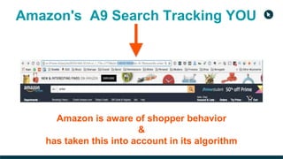 Amazon's A9 Search Tracking YOU
Amazon is aware of shopper behavior
&
has taken this into account in its algorithm
 
