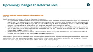 Upcoming Changes to Referral Fees
Upcoming important changes to Referral fees on Amazon.com
Jan 18, 2018
We will be making three important Referral fee changes on Amazon.com:
1. For a limited time, the Referral fee will be reduced for eligible Jewelry items. Sellers will pay 20% on the portion of the total sales price up
to $250, and 5% for any portion of the total sales price greater than $250, with a minimum fee of $2.00 per item. This fee reduction will
take effect on February 22, 2018 (midnight PST), and last until February 21, 2019 (11:59 PM PST). Starting on February 22, 2019
(midnight PST), the Referral fee will go back to 20% of the total sales price, with a minimum fee of $2.00.
2. The Referral fee will be increased for eligible products in Shoes, Handbags & Sunglasses. Sellers will pay 15% on items with a total sales
price up to $75, and 18% on items with a total sales price greater than $75, with a minimum fee of $1.00 per item. This change will take
effect on April 15, 2018 (midnight PST).
3. The Referral fee will be increased for Clothing & Accessories items. Sellers will pay 17% of the total sales price, with a minimum fee of
$1.00 per item. This change will take effect on April 15, 2018 (midnight PST).
For all products, Amazon deducts the greater of the applicable Referral fee percentage or applicable per-item minimum Referral fee. Referral fees
are calculated on the total sales price excluding any taxes calculated through Amazon tax calculation services. The total sales price is the total
amount paid by the buyer, including the item price, and any delivery or gift wrapping charges.
Source: https://sellercentral.amazon.com/gp/headlines.html/ref=xx_headlines_cont_home#8070451429380673832
 