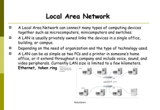 A Local Area Network can connect many types of computing devices together such as microcomputers, minicomputers and switches. A LAN is usually privately owned links the devices in a single office, building, or campus.  Depending on the need of organization and the type of technology used.  A LAN can be as simple as two PCs and a printer in someone’s home office, or it extend throughout a company and include voice, sound, and video peripherals. Currently LAN size is limited to a few kilometers.  Ethernet, token ring Local Area Network 
