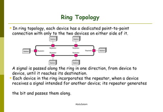 In ring topology, each device has a dedicated point-to-point  connection with only to the two devices on either side of it. A signal is passed along the ring in one direction, from device to  device, until it reaches its destination. Each device in the ring incorporates the repeater, when a device    receives a signal intended for another device; its repeater generates    the bit and passes them along.  Ring Topology 