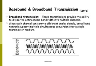 Broadband transmission : - These transmissions provide the ability to divide the entire media bandwidth into multiple channels.  Since each channel can carry a different analog signals, broad band network support multiple simultaneous conversion over a single transmission medium. Baseband & Broadband Transmission  (Cont’d) 