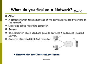 Client  A computer which takes advantage of the services provided by servers on the network. Client also called Front End computer. Server The computer which used and provide services & resources is called Server. Server is also called Back End computer. What do you find on a Network?  (Cont’d) A Network with two Clients and one Server. 