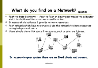 Peer-to-Peer Network: -  Peer-to-Peer or simply peer means the computer which has both qualities as server as well as client.  It means which both use & provide network resources.  Peer network which have no servers & use the network to share resources among independent peers.  Users simply share disk space & resources, such as printers & faxes. What do you find on a Network?  (Cont’d) In  a peer-to-peer system there are no fixed clients and servers. 
