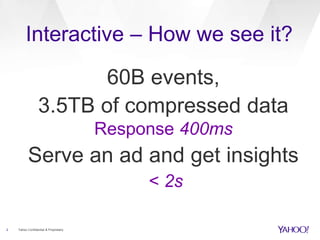 Interactive – How we see it?
2 Yahoo Confidential & Proprietary
60B events,
3.5TB of compressed data
Response 400ms
Serve an ad and get insights
< 2s
 