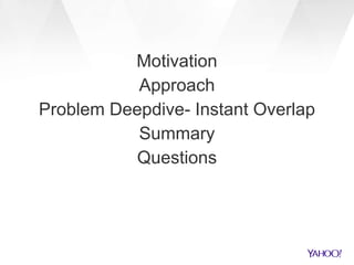 Motivation
Approach
Problem Deepdive- Instant Overlap
Summary
Questions
 