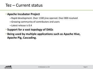 © Hortonworks Inc. 2013
Tez – Current status
• Apache Incubator Project
–Rapid development. Over 1100 jiras opened. Over 800 resolved
–Growing community of contributors and users
–Latest release is 0.4
• Support for a vast topology of DAGs
• Being used by multiple applications such as Apache Hive,
Apache Pig, Cascading.
Page 34
 