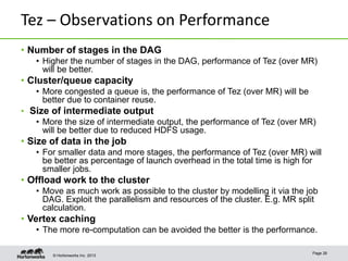 © Hortonworks Inc. 2013
Tez – Observations on Performance
• Number of stages in the DAG
• Higher the number of stages in t...