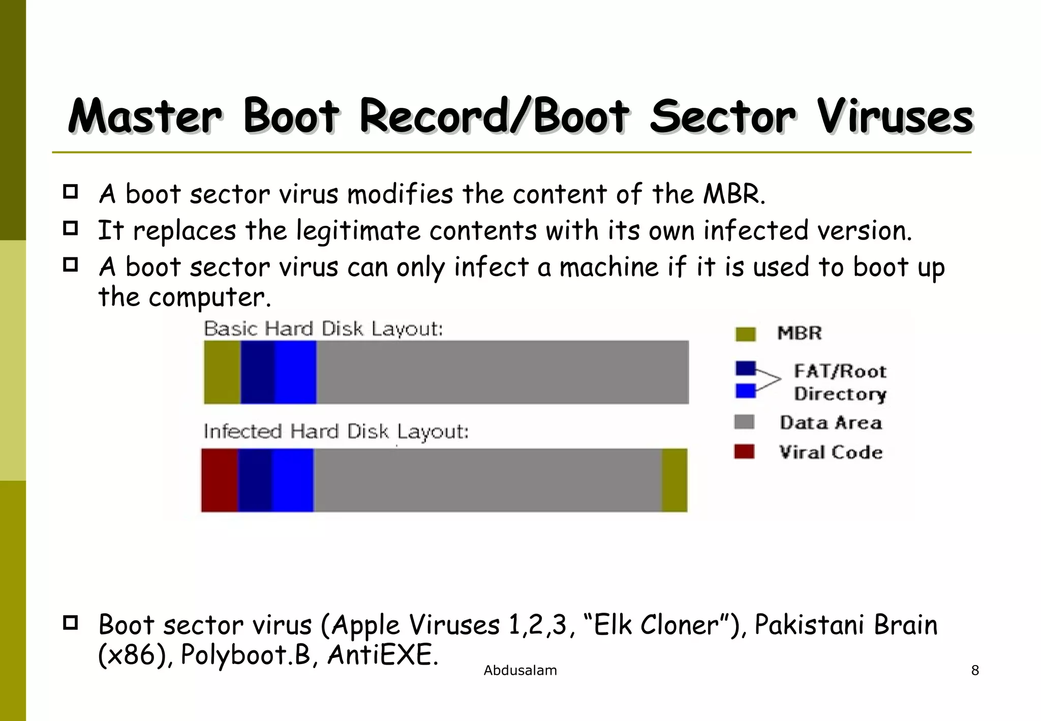 Master Boot Record/Boot Sector Viruses A boot sector virus modifies the content of the MBR.  It replaces the legitimate contents with its own infected version.  A boot sector virus can only infect a machine if it is used to boot up the computer. Boot sector virus (Apple Viruses 1,2,3, “Elk Cloner”), Pakistani Brain (x86), Polyboot.B, AntiEXE. 