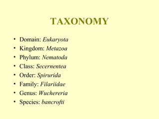 TAXONOMY
• Domain: Eukaryota
• Kingdom: Metazoa
• Phylum: Nematoda
• Class: Secernentea
• Order: Spirurida
• Family: Filariidae
• Genus: Wuchereria
• Species: bancrofti