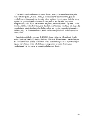 Obs.: O aconselhável mesmo é o uso de uva, mas pode ser substituído pelo 
vinho branco puro. Quanto a fumo, é absolutamente desnecessário, pois as 
verdadeiras entidades dessa vibração não o aceitam, nem o usam. E ainda: sobre 
o pano em que se depositam essas ofertas, podem ser riscados os pontos 
adequados ao caso. Pode ser também traçado o ponto riscado da figura n.º 1 que 
consta adiante, ou ainda o triângulo-fluídico do Orixá que consta de um mapa de 
correlações e identificações sobre linhas, planetas, pontos cardeais, tatwas etc., 
tudo na pág. 138 de nossa obra Lições de Umbanda e Quimbanda na Palavra de um 
Preto-Velho... 
Quanto às entidades no grau de GUIAS, dessa Linha ou Vibração de Oxalá, 
assim como o Caboclo Urubatão da Guia, Ubiratan, Ubirajara etc., locais, horas e 
dia são os mesmos, porém só aceitam como oferendas ligadas ao aspecto mágico 
o pano para firmar sinais cabalísticos ou os pontos, as velas de cera, nas 
condições de par ou ímpar acima estipuladas e as flores... 
104 
 