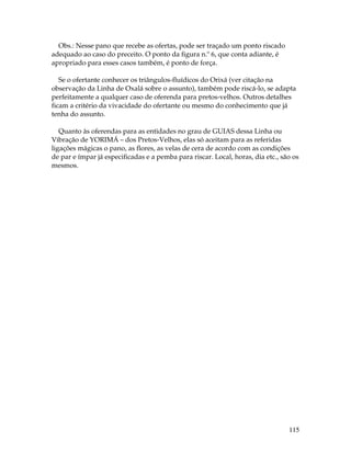115 
Obs.: Nesse pano que recebe as ofertas, pode ser traçado um ponto riscado 
adequado ao caso do preceito. O ponto da figura n.º 6, que conta adiante, é 
apropriado para esses casos também, é ponto de força. 
Se o ofertante conhecer os triângulos-fluídicos do Orixá (ver citação na 
observação da Linha de Oxalá sobre o assunto), também pode riscá-lo, se adapta 
perfeitamente a qualquer caso de oferenda para pretos-velhos. Outros detalhes 
ficam a critério da vivacidade do ofertante ou mesmo do conhecimento que já 
tenha do assunto. 
Quanto às oferendas para as entidades no grau de GUIAS dessa Linha ou 
Vibração de YORIMÁ – dos Pretos-Velhos, elas só aceitam para as referidas 
ligações mágicas o pano, as flores, as velas de cera de acordo com as condições 
de par e ímpar já especificadas e a pemba para riscar. Local, horas, dia etc., são os 
mesmos. 
 