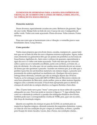 ELEMENTOS DE OFERENDAS PARA A BANDA DOS ESPÍRITOS DE 
CRIANÇAS, DE ACORDO COM A LINHA DE ORIXÁ, CORES, DIA ETC., 
NA VIBRAÇÃO DA MAGIA BRANCA 
117 
Elementos materiais 
Doces diversos, especialmente cocadas em cores. Refrescos de guaraná. Água 
de coco verde. Manjar feito no leite de coco. Cuscuz de coco. Canjiquinha de 
milho verde. Vinho com mate açucarado. Flores diversas. Velas comuns. Frutas 
diversas. 
Pano nas cores que se harmonizam com a vibração: o vermelho puro e suas 
tonalidades claras. Louça branca. 
Como proceder 
Todos esses preparos que envolvem doces, cocadas, manjares etc., quase tudo 
tem que ser na base do leite de coco e dispensa maiores explicações. Agora, todos 
esses elementos ou guloseimas têm que ser postos em pratinhos ou travessas de 
louça branca, tigelinhas etc., bem como o refresco de guaraná, especialmente a 
água de coco e o vinho com mate açucarado. Tudo isso tem que ser colocado 
sobre o pano na cor e tamanho escolhidos, junto com as flores, os frutos etc., a 
jeito do ofertante. As velas que vão ser usadas nessa oferenda devem ser acesas 
de forma que não queimem o preceito. Acender em número par, já se sabe que o 
pedido é para fins de um benefício material e em número ímpar, o preceito será 
puramente de ordem espiritual ou mediúnico etc. Qualquer dia serve para a 
entrega dessa oferenda, contanto que não se entregue depois das 18 horas. 
Todavia, se for entregue numa QUARTA-FEIRA (dia de Mercúrio) e dentro de 
uma hora planetária de Mercúrio, ainda melhor, para se obter maiores ligações 
mágicas com a corrente invocada. O local mais apropriado para se ofertar às 
crianças do astral são os campos abertos e os lugares floridos e bem altos. 
Obs.: O pano tanto serve para “mesa” como para se riscar sobre ele os pontos 
adequados ao caso. Para isso pode-se recorrer à figura n.º 7, logo adiante; bem 
como se o ofertante já conhecer a questão dos triângulos-fluídicos dos Orixás, 
também pode usar o correspondente à Linha de YORI, pois, quer um ou outro, 
têm força de imantação mágica. 
Quanto aos espíritos de crianças no grau de GUIAS, só aceitam para as 
respectivas ligações mágicas, oferenda somente dos seguintes elementos: o pano, 
as velas de cera nas condições de par e ímpar já conhecidas, as flores, a pemba 
para fixação de sinais riscados. Locais, dias e horas, nas condições citadas... 
 