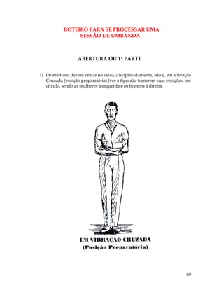 69 
ROTEIRO PARA SE PROCESSAR UMA 
SESSÃO DE UMBANDA 
ABERTURA OU 1ª PARTE 
1) Os médiuns devem entrar no salão, disciplinadamente, isto é, em Vibração 
Cruzada (posição preparatória) (ver a figura) e tomarem suas posições, em 
círculo, sendo as mulheres à esquerda e os homens à direita. 
 