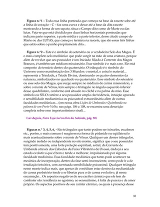 Figura n.º1 – Toda essa linha ponteada que começa na base da rascete sobe até 
a linha do coração – C – faz uma curva e desce até a base da dita rascete 
mostrando a forma de um sapato, situa o Campo dito como de Marte ou das 
lutas. Veja-se que está dividido por duas linhas horizontais ponteadas que 
indicam parte superior, a parte média e a parte inferior, desse citado campo de 
Marte ou das LUTAS, que começa e termina na rascete, que são essas três linhas 
que estão sobre o punho propriamente dito... 
Figura n.º2 – Este é o símbolo do setenário ou o verdadeiro Selo dos Magos. É 
o mais completo selo mediúnico que pode surgir na mão de uma criatura, porque 
além de revelar que seu possuidor é um Iniciado filiado à Corrente dos Magos 
Brancos, é também um médium missionário. Esse símbolo é o mais raro. Ele está 
composto do ternário dentro do quaternário. O triângulo é o símbolo do 
Universo como manifestação dos 3 Mundos: o mental, o astral e material... 
representa a Trindade, a Tríade Divina, dominando os quatro elementos da 
natureza, simbolizados no quadrado ou quaternário. Esse símbolo do setenário 
ou esse selo dos Magos, que surge sempre no médium de carma missionário, e 
sobre o monte de Vênus, tem sempre o triângulo no ângulo esquerdo inferior 
desse quadrilátero, conforme está situado no clichê e na palma da mão. Esse 
símbolo ou SELO confere a seu possuidor ampla clarividência, intuição apurada 
e sensibilidade medianímica ou psicoastral extraordinária além de outras 
faculdades mediúnicas... (em nossa obra Lições de Umbanda e Quimbanda na 
palavra de um Preto-Velho, nas págs. 106 a 108, se encontra uma descrição 
completa sobre esse importantíssimo sinal)... 
81 
(ver depois, Nota Especial no fim do Adendo, pág. 90) 
Figuras n.º 3, 4, 5, 6, - São triângulos que tanto podem ser isósceles, escalenos 
etc., porém, o mais comum é surgirem na forma de pirâmide ou eqüilateral e 
mais acentuadamente sobre o monte de Vênus. Qualquer um desses triângulos, 
surgindo isolado ou independente no sito monte, significa que o seu possuidor 
tem positivamente, uma forte proteção espiritual, astral, da Corrente de 
Umbanda através dos Caboclos da Faixa Vibratória de Oxossi, dado já a seu 
estado evolutivo que é bom e tende a melhorar, impulsionado por alguma 
faculdade mediúnica. Essa faculdade mediúnica que tanto pode acontecer na 
mecânica de incorporação, dentro da fase semi-inconsciente, como pode ir a de 
irradiação intuitiva, com acentuada sensibilidade psicoastral. Qualquer triângulo 
nesse monte indica mais, que apesar de o médium estar dentro da mediunidade 
de carma probatório tende a se libertar para o de carma evolutivo, já nessa 
encarnação... Os aspectos negativos de seu caráter cármico que ele tem de 
combater são: tendência ao egoísmo, ao sensualismo, à falta de pureza e de amor 
próprio. Os aspectos positivos de seu caráter cármico, os quais a presença desse 
 