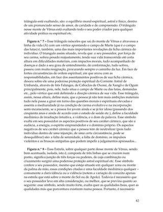 triângulo está exaltando, são: o equilíbrio moral-espiritual, astral e físico, dentro 
de um pronunciado senso de amor, de caridade e de compreensão. O triângulo 
nesse monte de Vênus está exaltando todo o seu poder criador para qualquer 
atividade prática ou espiritual etc. 
Figura n.º 7 – Esse triângulo isósceles que sai do monte de Vênus e atravessa a 
linha da vida (A) com um vértice apontando o campo de Marte (que é o campo 
das lutas) é, também, uma das mais importantes revelações da ficha cármica do 
indivíduo. O triangulo assim situado, revela que: o seu possuidor, por força de 
seu carma, sofreu pesado reajustamento, tendo sua vida transcorrido até certa 
altura em dificuldades materiais, com impactos morais, tudo acompanhado de 
doenças e dado a seu grau de entendimento, de conformação, tudo sofreu, 
passou com muita resignação, procurando sempre o caminho da luz. Em face de 
fortes circunstâncias de ordem espiritual, em que arcou com as 
responsabilidades, em face dos assentamentos positivos de sua ficha cármica, 
desceu sobre ele uma poderosa proteção espiritual da Corrente Astral de 
Umbanda, através de três Falanges, de Caboclos de Oxossi, de Xangô e de Ogum 
principalmente, pois, nele, tudo situa o campo de Marte ou das lutas, demandas 
etc., pelo vértice que está definindo a direção cármica de sua vida. Esse triângulo, 
assim, nessa altura, define mais, que a pessoa já não tem mais ambições materiais 
tudo nela passa a girar em torno das questões morais e espirituais elevadas e 
assenta a mediunidade já na condição de carma evolutivo e na incorporação 
semi-inconsciente, se a pessoa for jovem ainda e se já for idosa (passando dos 
cinqüenta anos e ainda de acordo com o estado de saúde etc.), define a faculdade 
mediúnica de irradiação intuitiva, a vidência, e o dom da palavra. Esse símbolo 
exalta em seu possuidor os aspectos positivos de seu caráter cármico, que são a 
audácia, a energia, o espírito empreendedor e o domínio próprio. Os aspectos 
negativos de seu caráter cármico que a pessoa tem de neutralizar (pois tudo 
indivíduo dentro de uma injunção, de uma certa circunstância, pode se 
desequilibrar) são: a falta de serenidade, a falta de domínio, os impulsos 
violentos e as bruscas antipatias que podem impelir a julgamentos apressados... 
Figura n.º 8 – Essa Estrela, sobre qualquer parte desse monte de Vênus, sendo 
bem acentuada, isolada, isto é, composta de três linhas que se cruzam num 
ponto, significa junção de três forças ou poderes, de cuja combinação ou 
cruzamento surgirá uma poderosa proteção astral espiritual etc. Esse símbolo 
confere a seu possuidor, mesmo que esteja situado em qualquer zona ou monte 
da palma da mão, essas condições citadas e uma faculdade mediúnica qualquer – 
comumente a clarividência ou a vidência (notem a variação do conceito apenas 
na estrela que está sobre o monte do Sol ou de Apolo). Todavia é necessário que 
o seu possuidor leve em alta consideração, ou melhor, que se previna quanto ao 
seguinte: esse símbolo, sendo muito forte, exalta quer as qualidades boas, quer as 
qualidades más que porventura existirem numa pessoa. Portanto, é necessário 
82 
 