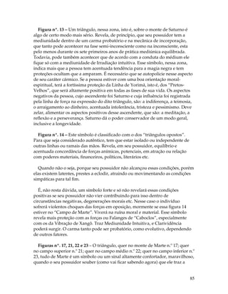 Figura nº. 13 – Um triângulo, nessa zona, isto é, sobre o monte de Saturno é 
algo de certo modo mais sério. Revela, de princípio, que seu possuidor tem a 
mediunidade dentro de um carma probatório e na mecânica de incorporação, 
que tanto pode acontecer na fase semi-inconsciente como na inconsciente, esta 
pelo menos durante os sete primeiros anos de prática mediúnica equilibrada. 
Todavia, pode também acontecer que de acordo com a conduta do médium ele 
fique só com a mediunidade de Irradiação intuitiva. Esse símbolo, nessa zona, 
indica mais que a pessoa tem acentuada tendência para a magia negra e tem 
proteções ocultam que a amparam. É necessário que se autopolicie nesse aspecto 
de seu caráter cármico. Se a pessoa estiver com uma boa orientação moral-espiritual, 
85 
terá a fortíssima proteção da Linha de Yorimá, isto é, dos “Pretos- 
Velhos”, que será altamente positiva em todas as fases de sua vida. Os aspectos 
negativos da pessoa, cujo ascendente foi Saturno e cuja influência foi registrada 
pela linha de força na expressão do dito triângulo, são: a indiferença, a teimosia, 
o arraigamento ao dinheiro, acentuada intolerância, tristeza e pessimismo. Deve 
zelar, alimentar os aspectos positivos desse ascendente, que são: a meditação, a 
reflexão e a perseverança. Saturno dá o poder conservador de um modo geral, 
inclusive a longevidade. 
Figura nº. 14 – Este símbolo é classificado com o dos “triângulos opostos”. 
Para que seja considerado autêntico, tem que estar isolado ou independente de 
outras linhas ou ramais das mãos. Revela, em seu possuidor, equilíbrio e 
acentuada concordância de forças anímicas, potenciais, em atração ou relação 
com poderes materiais, financeiros, políticos, literários etc. 
Quando não o seja, porque seu possuidor não alcançou essas condições, porém 
elas existem latentes, prestes a eclodir, atraindo ou movimentando as condições 
simpáticas para tal fim. 
É, não resta dúvida, um símbolo forte e só não revelará essas condições 
positivas se seu possuidor não vier contribuindo para isso dentro de 
circunstâncias negativas, degenerações morais etc. Nesse caso o indivíduo 
sofrerá violentos choques das forças em oposição, mormente se essa figura 14 
estiver no “Campo de Marte”. Viverá na ruína moral e material. Esse símbolo 
revela mais proteção com as forças ou Falanges de “Caboclos”, especialmente 
com os da Vibração de Xangô. Traz Mediunidade Intuitiva, e Clarividência 
poderá surgir. O carma tanto pode ser probatório, como evolutivo, dependendo 
de outros fatores. 
Figuras nº. 17, 21, 22 e 23 – O triângulo, quer no monte de Marte n.º 17; quer 
no campo superior n.º 21; quer no campo médio n.º 22; quer no campo inferior n.º 
23, tudo de Marte é um símbolo ou um sinal altamente confortador, maravilhoso, 
quando o seu possuidor souber (como vai ficar sabendo agora) que ele traz a 
 