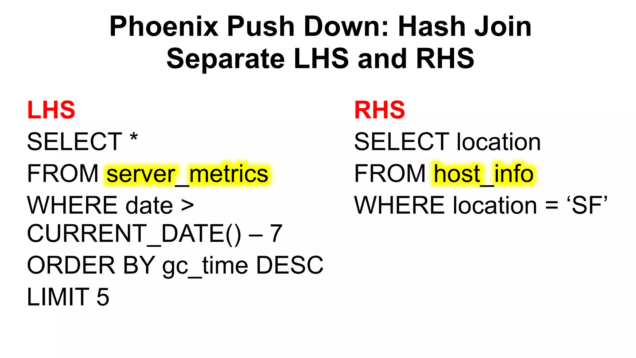 Phoenix Push Down: Hash Join
Separate LHS and RHS
Completed
LHS
SELECT *
FROM server_metrics
WHERE date >
CURRENT_DATE() – 7
ORDER BY gc_time DESC
LIMIT 5
RHS
SELECT location
FROM host_info
WHERE location = ‘SF’
 