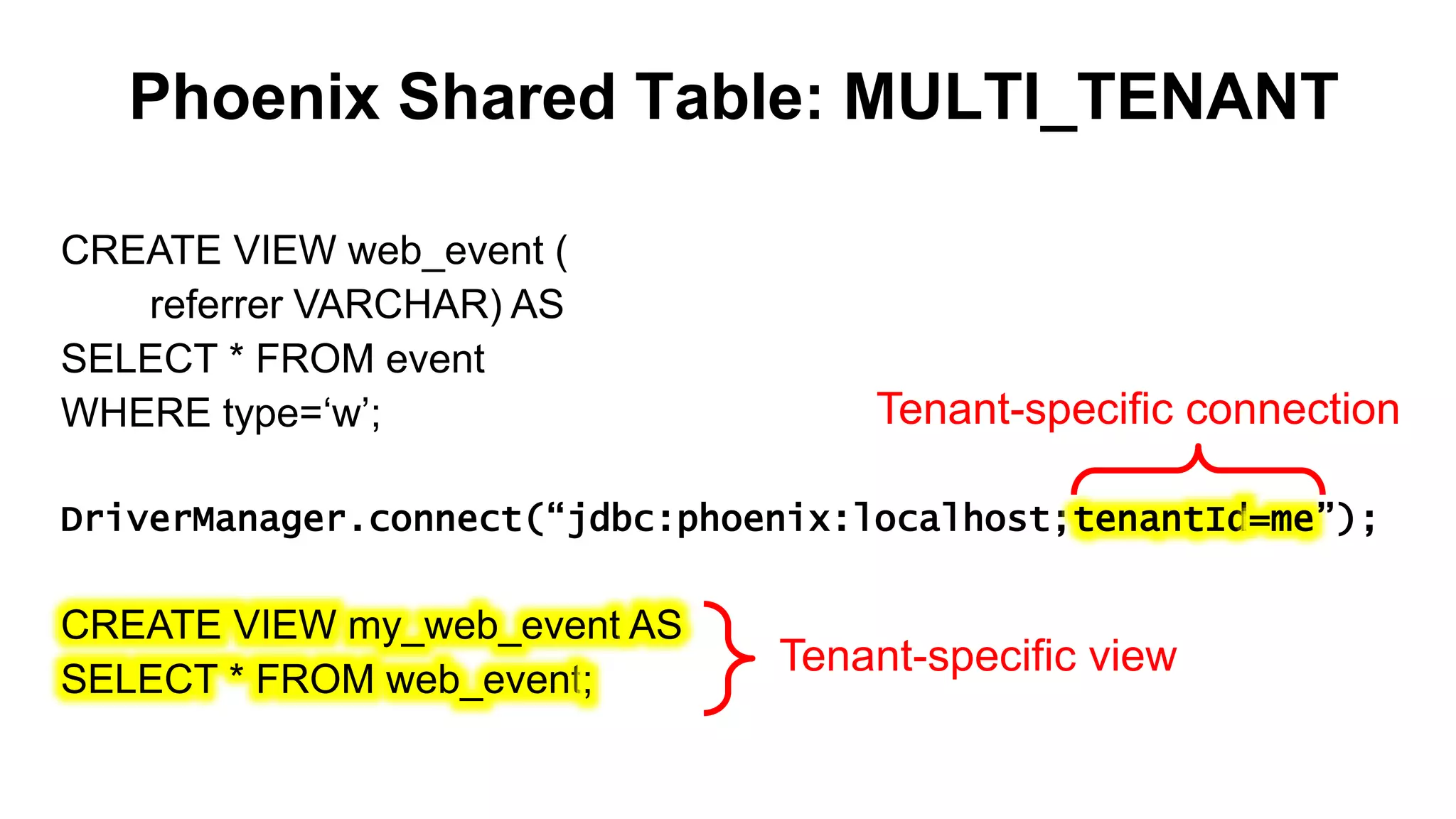 Phoenix Shared Table: MULTI_TENANT
Completed
CREATE VIEW web_event (
referrer VARCHAR) AS
SELECT * FROM event
WHERE type=‘w’;
DriverManager.connect(“jdbc:phoenix:localhost;tenantId=me”);
CREATE VIEW my_web_event AS
SELECT * FROM web_event;
Tenant-specific view
Tenant-specific connection
 