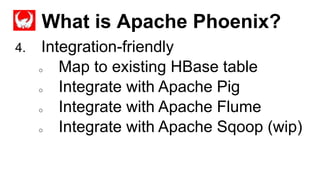 What is Apache Phoenix?
Completed
4. Integration-friendly
o Map to existing HBase table
o Integrate with Apache Pig
o Integrate with Apache Flume
o Integrate with Apache Sqoop (wip)
 