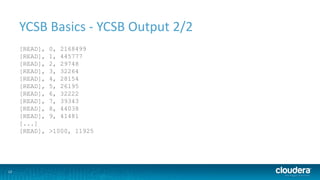 12
YCSB Basics - YCSB Output 2/2
[READ], 0, 2168499
[READ], 1, 445777
[READ], 2, 29748
[READ], 3, 32264
[READ], 4, 28154
[READ], 5, 26195
[READ], 6, 32222
[READ], 7, 39343
[READ], 8, 44038
[READ], 9, 41481
[...]
[READ], >1000, 11925
 