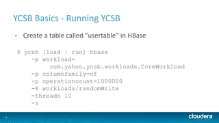 9
YCSB Basics - Running YCSB
• Create a table called "usertable" in HBase
$ ycsb [load | run] hbase
-p workload=
com.yahoo.ycsb.workloads.CoreWorkload
-p columnfamily=cf
-p operationcount=1000000
-P workloads/randomWrite
-threads 10
-s
 