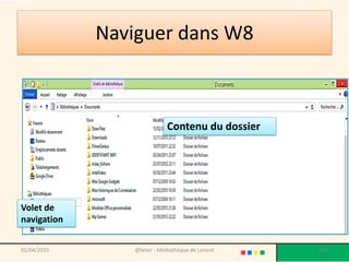 Naviguer dans W8
02/04/2015 @telier - Médiathèque de Lorient 154
Volet de
navigation
Contenu du dossier
 