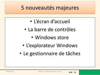 5 nouveautés majeures
• L’écran d’accueil
• La barre de contrôles
• Windows store
• L’explorateur Windows
• Le gestionnaire de tâches
02/04/2015 @telier - Médiathèque de Lorient 32
 