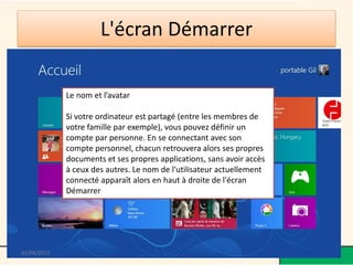 L'écran Démarrer
@telier - Médiathèque de Lorient 42
Le nom et l’avatar
Si votre ordinateur est partagé (entre les membres de
votre famille par exemple), vous pouvez définir un
compte par personne. En se connectant avec son
compte personnel, chacun retrouvera alors ses propres
documents et ses propres applications, sans avoir accès
à ceux des autres. Le nom de l'utilisateur actuellement
connecté apparaît alors en haut à droite de l'écran
Démarrer
02/04/2015
 