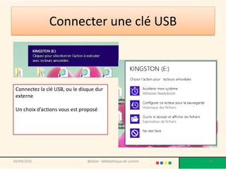 Connecter une clé USB
02/04/2015 @telier - Médiathèque de Lorient 99
Connectez la clé USB, ou le disque dur
externe
Un choix d’actions vous est proposé
 