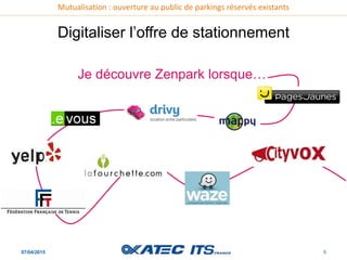 Mutualisation : ouverture au public de parkings réservés existants
07/04/2015 5
Digitaliser l’offre de stationnement
Je découvre Zenpark lorsque…
 