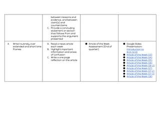 between reasons and
evidence, and between
claim(s) and
counterclaims
C. Provide a concluding
statement or section
that follows from and
supports the argument
presented
4. Write routinely over
extended and short time
frames
A. Read a news article
each week
B. Highlight important
information and areas
of confusion
C. Write a one page
reflection on the article
● Article of the Week
Assessment (End of
quarter)
● Google Slides
Presentation:
Introduction to
W.11-12.10
● Article of the Week (13)
● Article of the Week (14)
● Article of the Week (15)
● Article of the Week (16)
● Article of the Week (16-2)
● Article of the Week (17)
● Article of the Week (17-2)
● Article of the Week (17-3)
● Article of the Week (18)
 