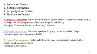 1. Anionic surfactants
2. Cationic surfactants
3. Ampholytic surfactants
4. Nonionic surfactants
1. Anionic Surfactants, where the hydrophilic group carries a negative charge such as
carboxyl (RCOO-),sulphonate (RSO3-) or sulphate (ROSO3-).
Examples: Potassium laurate, sodium lauryl sulphate.
2: Cationic surfactants, where the hydrophilic group carries a positive charge.
Example: quaternary ammonium halide.
3: Ampholytic surfactants (also called zwitterionic surfactants) contain both a
negative and a positive charge.
Example: sulfobetaines.
17
 