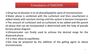 Formulation of SMEDDS
Drug has to dissolve in to oil phase(lipophilic part) of microemulsion.
Water phase is combined with the surfactant and then cosurfactant is
added slowly with constant stirring until the system is become transparent.
The amount of surfactant and co-surfactant to be added and the parent
oil phase that can be incorporated is determined with the help of pseudo
ternary phase diagram.
Ultrasonicator can finally used to achieve the desired range for the
dispersed phase.
It is then allow to equilibrate.
Gel may be prepared by the addition of the gelling agent to above
microemulsion.
23
 