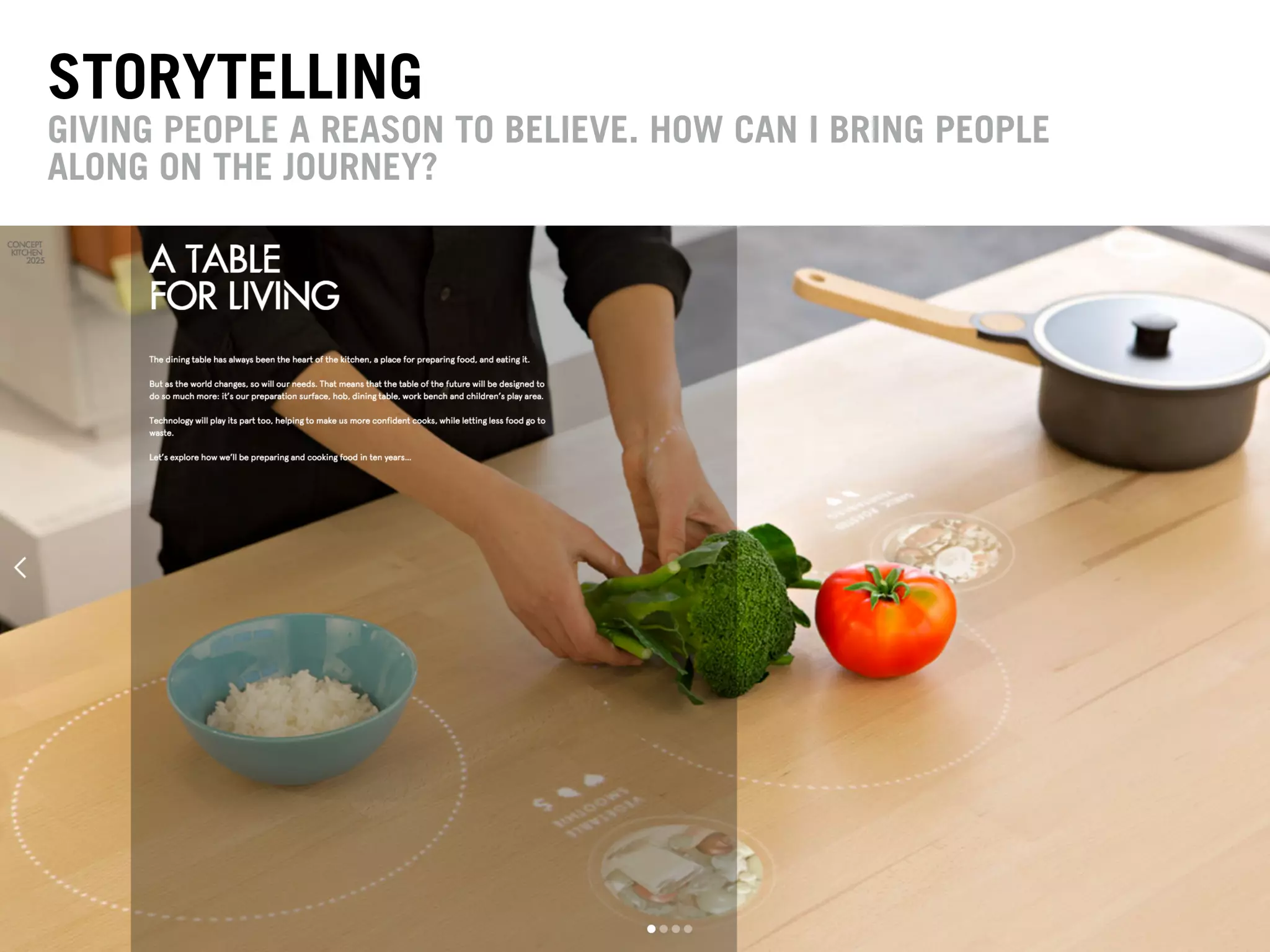 STORYTELLING
GIVING PEOPLE A REASON TO BELIEVE. HOW CAN I BRING PEOPLE
ALONG ON THE JOURNEY?
 