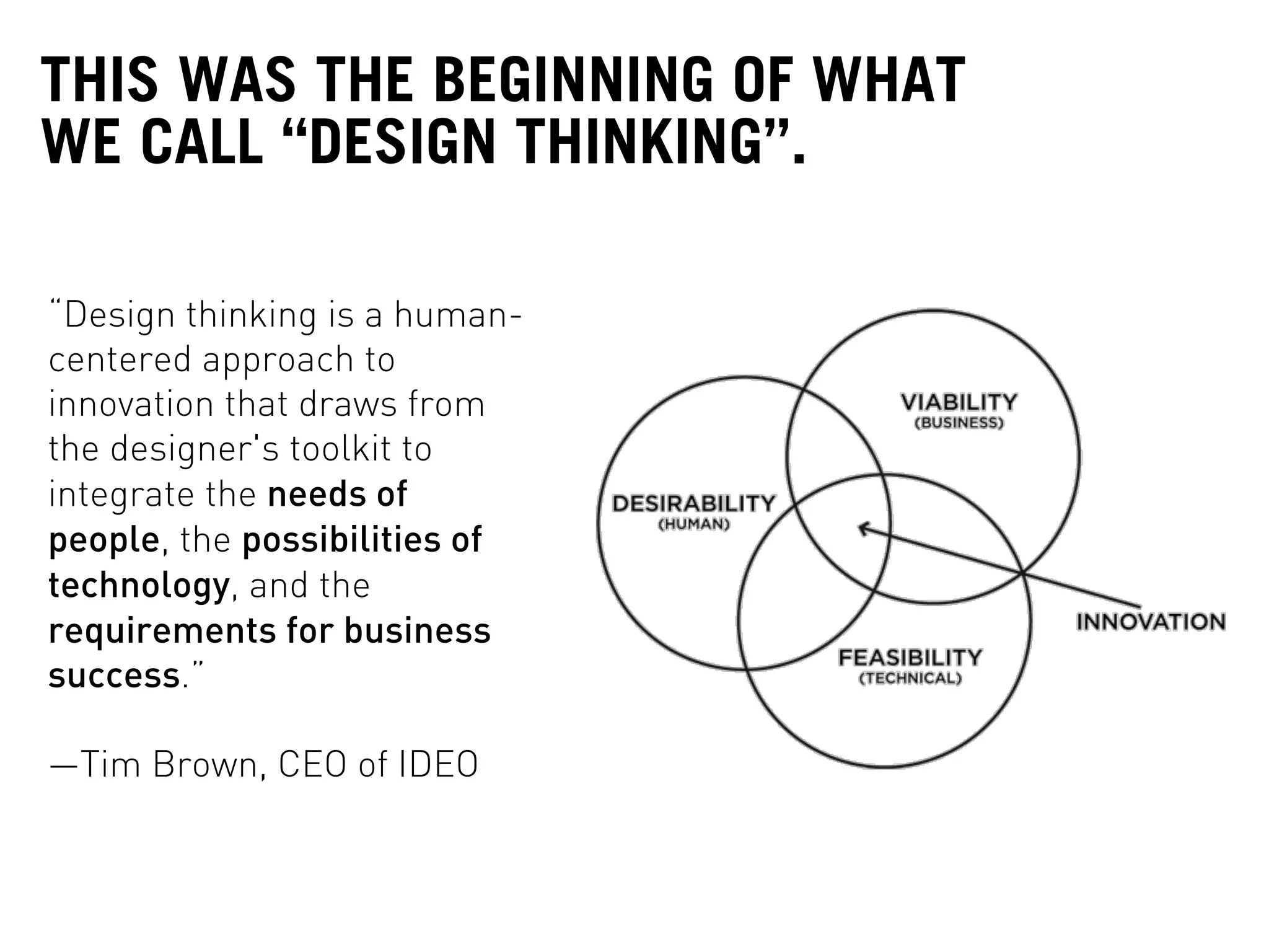 THIS WAS THE BEGINNING OF WHAT
WE CALL “DESIGN THINKING”.
“Design thinking is a human-
centered approach to
innovation that draws from
the designer's toolkit to
integrate the needs of
people, the possibilities of
technology, and the
requirements for business
success.”
—Tim Brown, CEO of IDEO
 