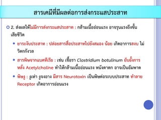  2. ส่งผลให้ไม่มีการส่งกระแสประสาท : กล้ามเนื้ออ่อนแรง อาจรุนแรงถึงขั้น
เสียชีวิต
 ยาระงับประสาท : ปล่อยสารสื่อประสาทไปยังสมอง น้อย เกิดอาการสงบ ไม่
วิตกกังวล
 สารพิษจากแบคทีเรีย : เช่น เชื้อรา Clostridium botulinum ยับยั้งการ
หลั่ง Acetylcholine ทาให้กล้ามเนื้ออ่อนแรง หนังตาตก อาจเป็นอัมพาต
 พิษงู : งูเห่า งูจงอาง มีสาร Neurotoxin เป็นพิษต่อระบบประสาท ทาลาย
Receptor เกิดอาการอ่อนแรง
สารเคมีที่มีผลต่อการส่งกระแสประสาท
 