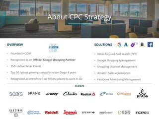OVERVIEW
• Founded in 2007
• Recognized as an Official Google Shopping Partner
• 350+ Active Retail Clients
• Top 50 fastest growing company in San Diego 4 years
• Recognized as one of the Top 10 best places to work in SD
CLIENTS
SOLUTIONS
• Retail-focused Paid Search (PPC)
• Google Shopping Management
• Shopping Channel Management
• Amazon Sales Acceleration
• Facebook Advertising Management
About CPC Strategy
 