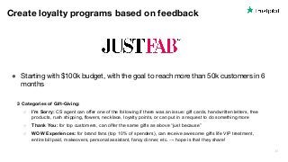34
Create loyalty programs based on feedback
● Starting with $100k budget, with the goal to reach more than 50k customers ...