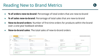 Reading New to Brand Metrics
● % of orders new-to-brand: Percentage of total orders that are new-to-brand
● % of sales new...