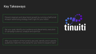 Key Takeaways
Prevent stagnant and slow brand growth by running a full-funnel
Amazon advertising strategy that’s right for your brand.
Set your goal, identify your audience and placements, execution
of campaign build-out, analyze and optimize.
After your bottom of the funnel is secured, identify which speciﬁc
audiences make the most sense for your brand to expand reach
 
