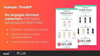 ● Reminder of previous purchases
● Speciﬁc product or brand
recommendations
● Hi-touch cadence for new buyers
Re-engages dormant
customers with highly
personalized direct mail:
Example: ThredUP
 