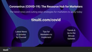 4
Coronavirus (COVID-19): The Resource Hub for Marketers
The latest news and cutting edge strategies for marketers to apply today
tinuiti.com/covid
Latest News
& Updates
by Channel
Tips for
Marketers to
Implement
Trends &
Up-to-the
Minute
Updates
 