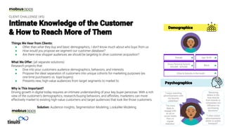 Things We Hear from Clients:
●
●
●
What We Offer:
●
●
●
Why is This Important?
Solution:
Female Age 18-44
Gross Personal Income
$20,000 - $29,000
Black
Cities & Suburbs in the South
“I often notice
advertisements
whilst on public
transport”
“I enjoy watching
advertisements with
my favorite
celebrities”
“Receiving
letters in the
mail directly
from brands or
companies can
inﬂuence my
purchasing
decisions”
“I’m more
likely to
engage with
an ad on
social media
than on
regular
websites”
CLIENT CHALLENGE (#5):
 