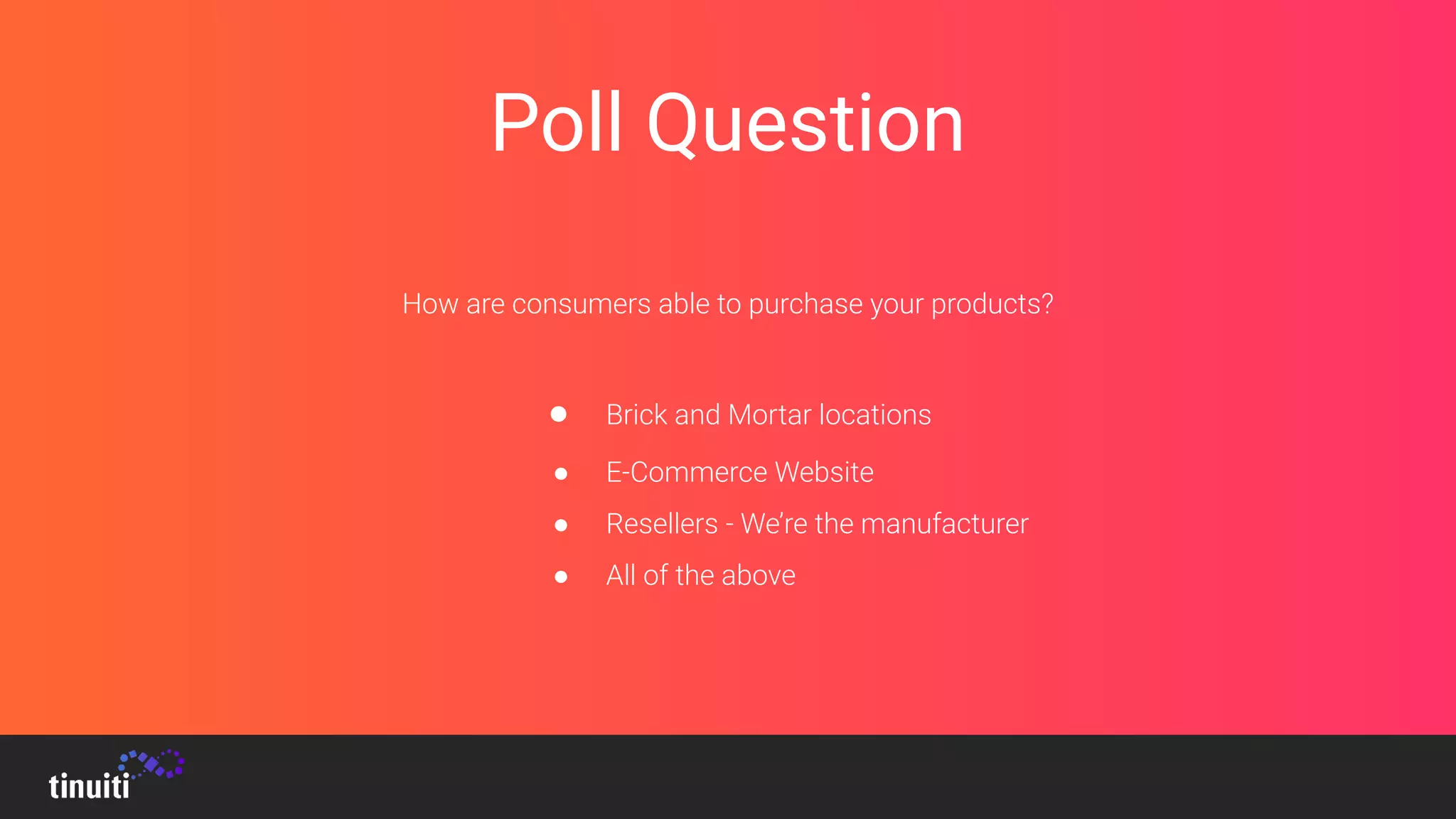 Poll Question
How are consumers able to purchase your products?
● Brick and Mortar locations
● E-Commerce Website
● Resellers - We’re the manufacturer
● All of the above
 